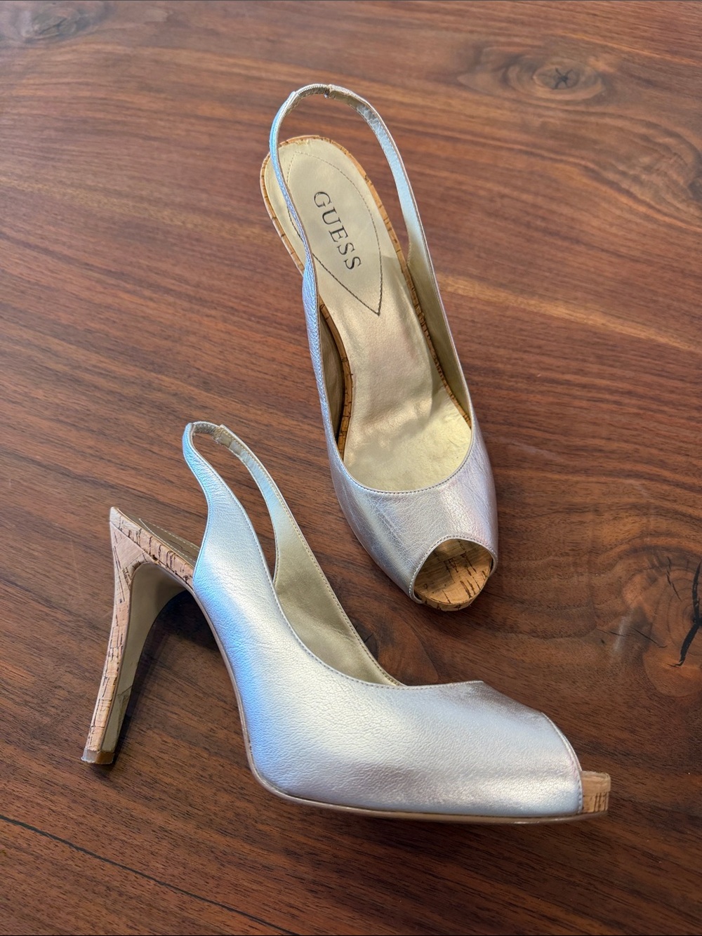 GUESS Metallic Warm Silver Peep-Toe Slingback Heels with Cork Detail, Women’s 9M